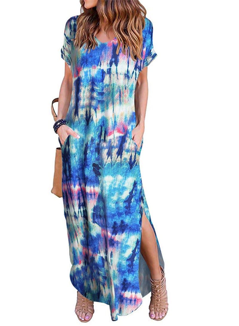 Arolina Women Summer Maxi Dress Short Sleeve V Neck Casual Loose Long Split Dresses Beach Vacation Sundress with Pockets Floral Blue - Image 1